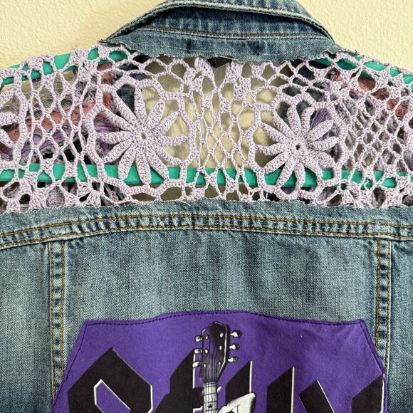 STS Blue Trucker Jacket Upcycled w/Styx Graphic & Crochet Details Size S - Picture 3 of 10